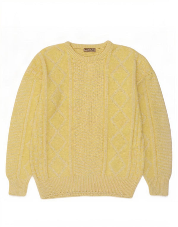 Vintage Herre rund hals sweater IT 52 Stor gul geometrisk bomuld