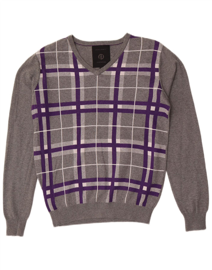 Jack & Jones Herre V-hals sweater lille grå ternet bomuld