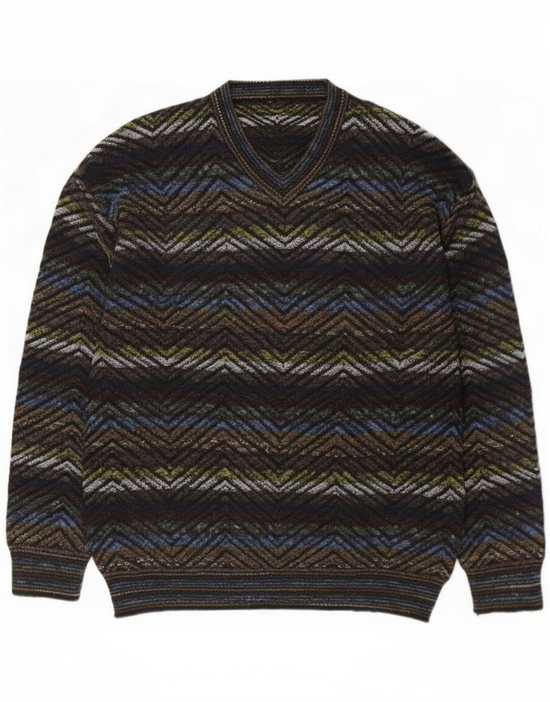Vintage herre V-hals sweater stor flerfarvet geometrisk
