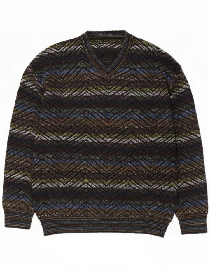 Vintage herre V-hals sweater stor flerfarvet geometrisk
