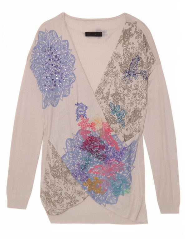 Desigual Dame grafisk V-hals sweater UK 18 XL Hvid blomsterviscose