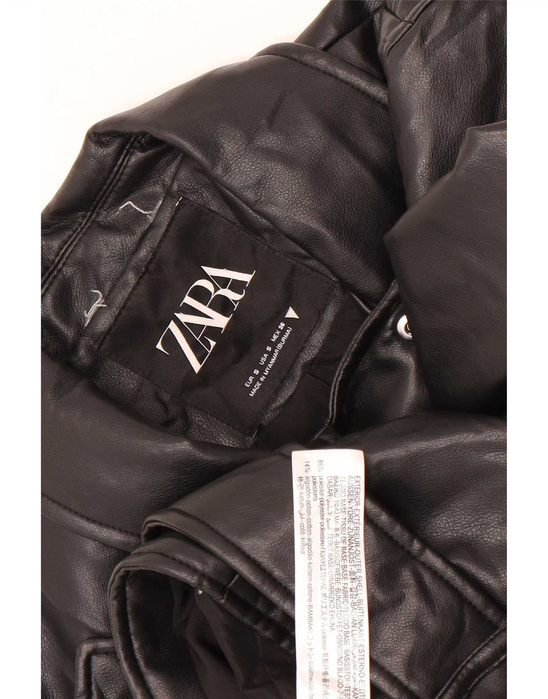 Zara Womens Crop Biker-jakke i imiteret læder UK 10 Lille sort polyester