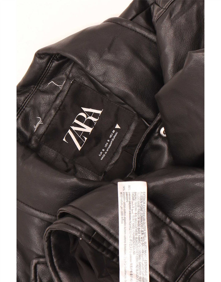 Zara Womens Crop Biker-jakke i imiteret læder UK 10 Lille sort polyester