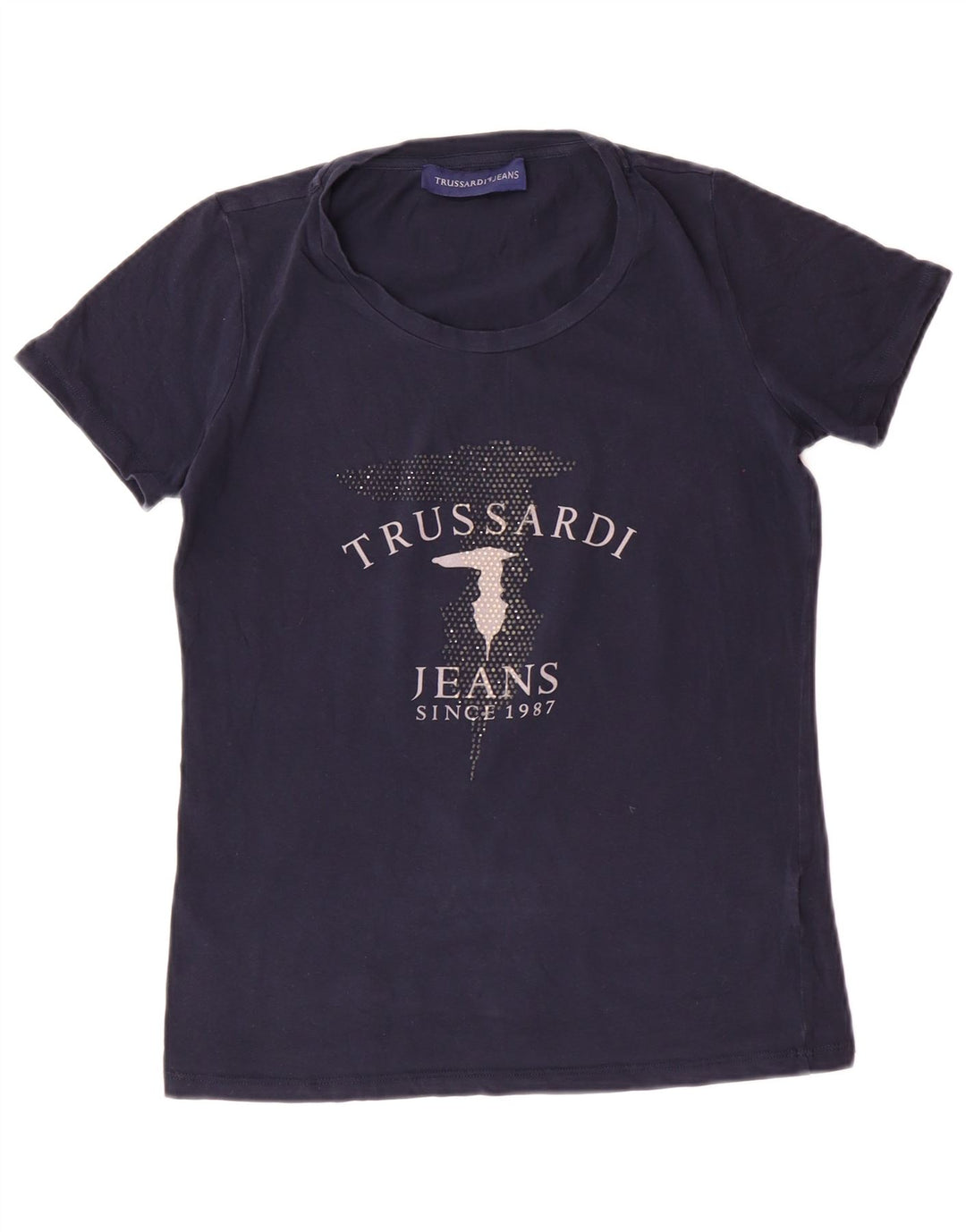 TRUSSARDI JEANS Grafisk T-shirt top til kvinder UK 12 Medium Navy Blue