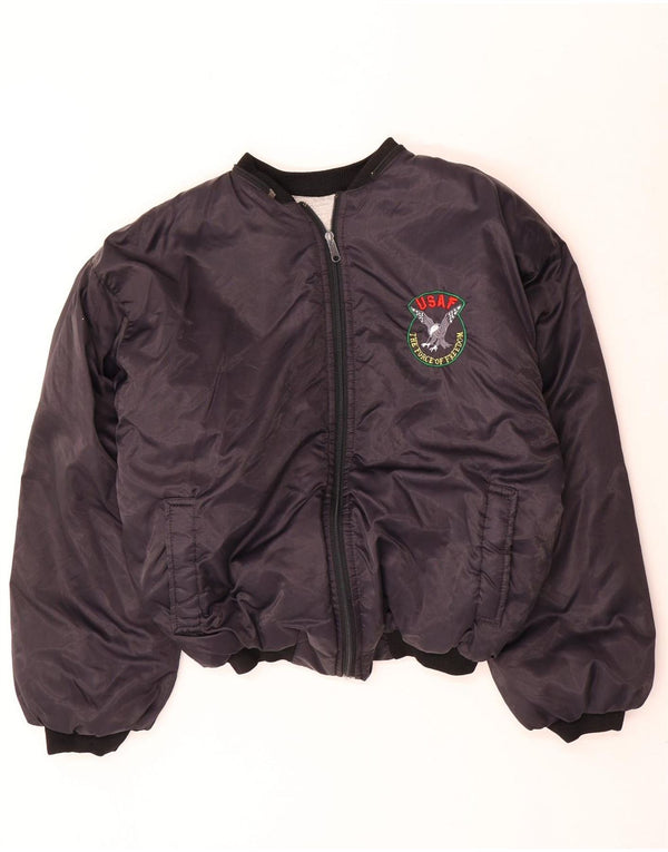 Vintage Herre Bomber grafisk polstret jakke UK 40 Large Navy Blue