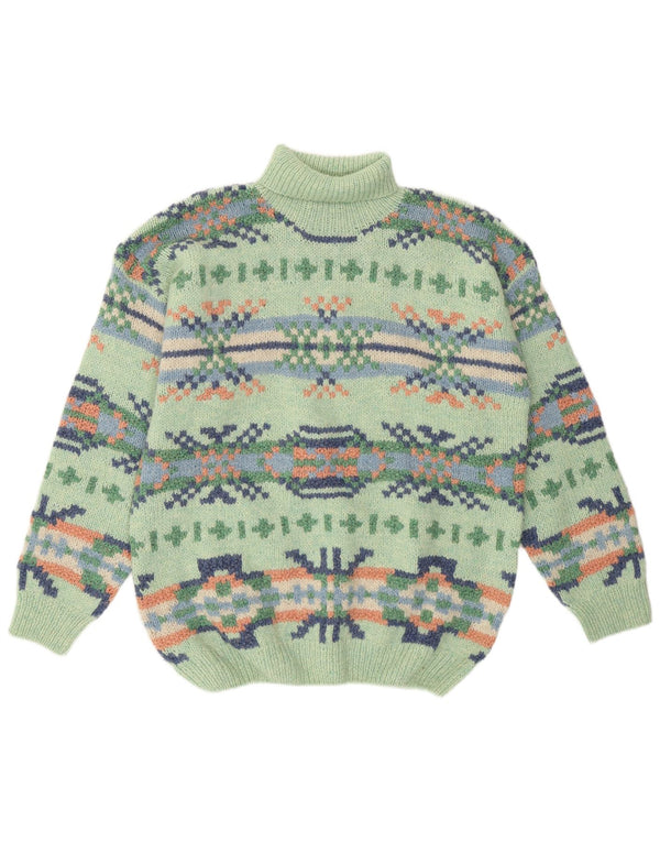 Vintage Dame håndlavet rullehals sweater UK 16 Large Green Aztec