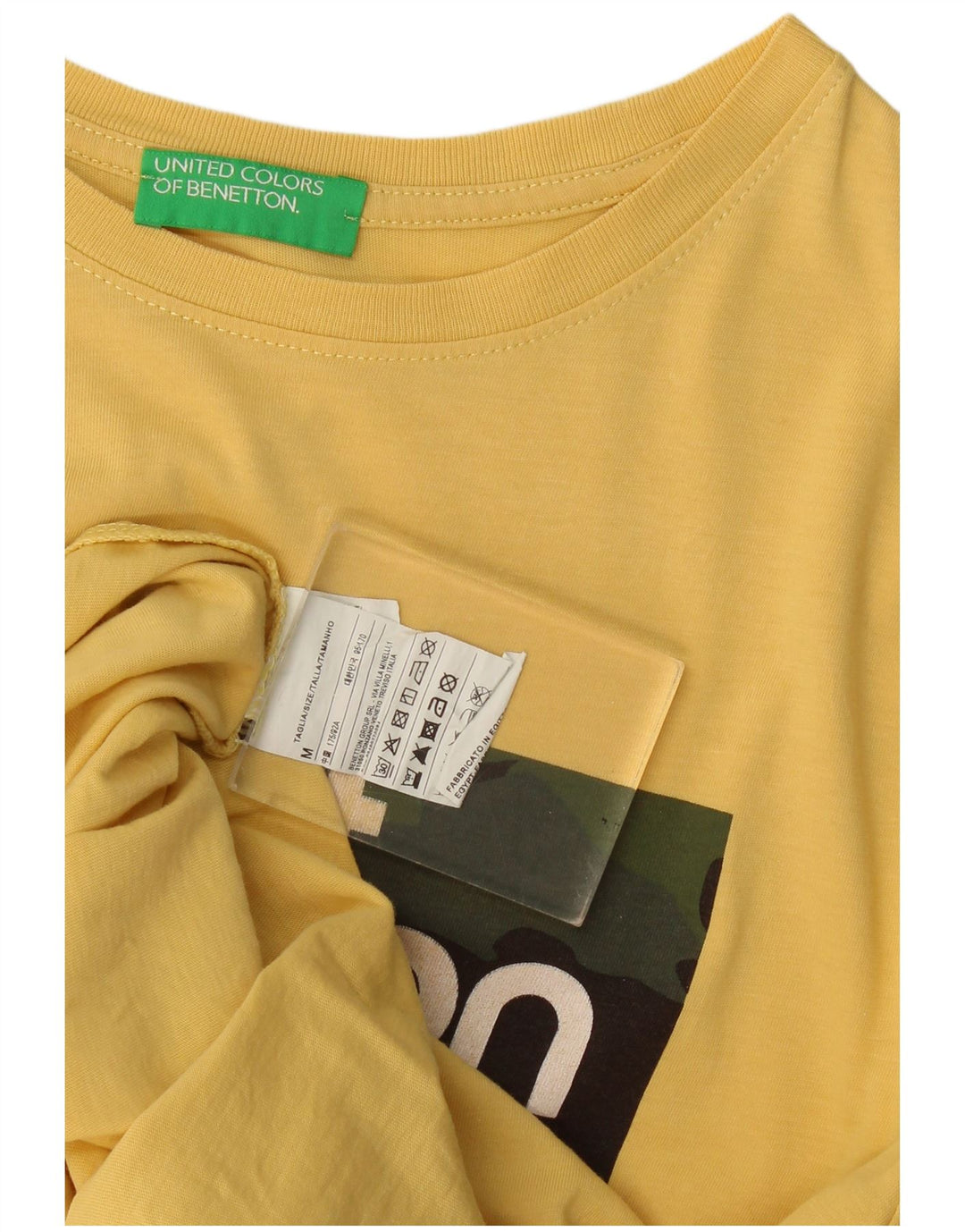 Benetton Herre grafisk T-shirt Top Medium Gul Bomuld