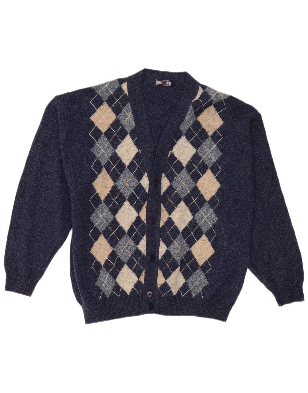 Vintage herre cardigan sweater XL marineblå Argyle/Diamond Wool