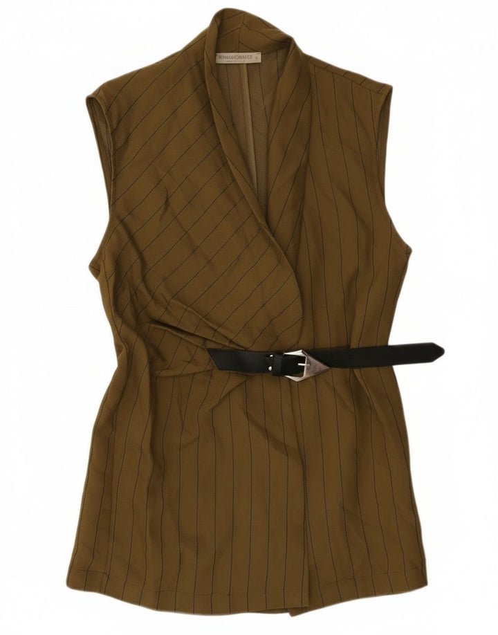 Rinascimento Dame Ærmeløs Blazer Jacket UK 14 Stor Khaki Stribet