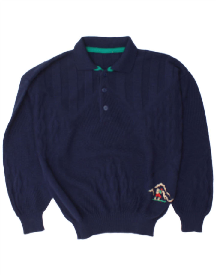 Vintage herre polo hals sweater stor marineblå uld