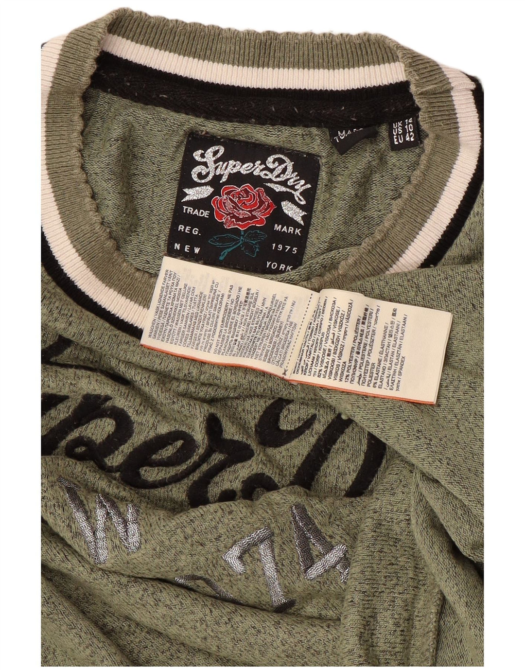 SUPERDRY Womens Crop Graphic Sweatshirt Jumper UK 14 Large Green Flecked