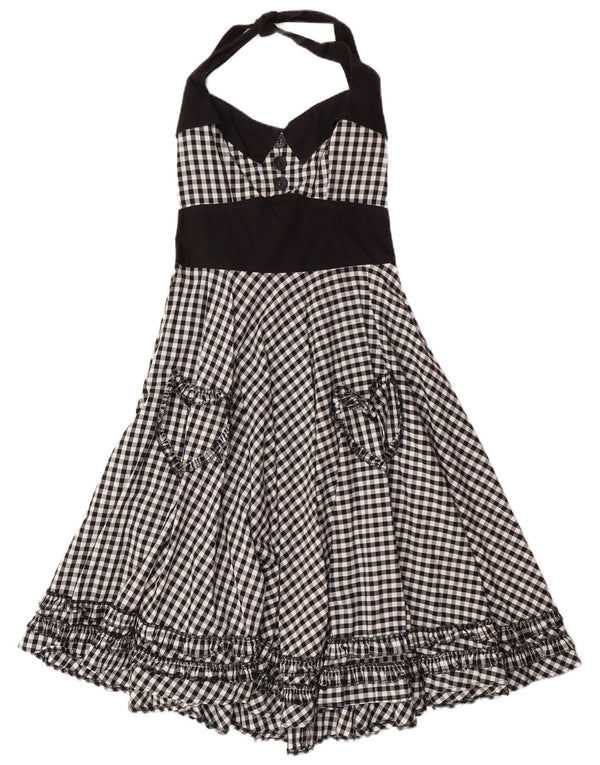 HELL BUNNY Dame Halter Dress UK 8 Small Black Gingham Cotton