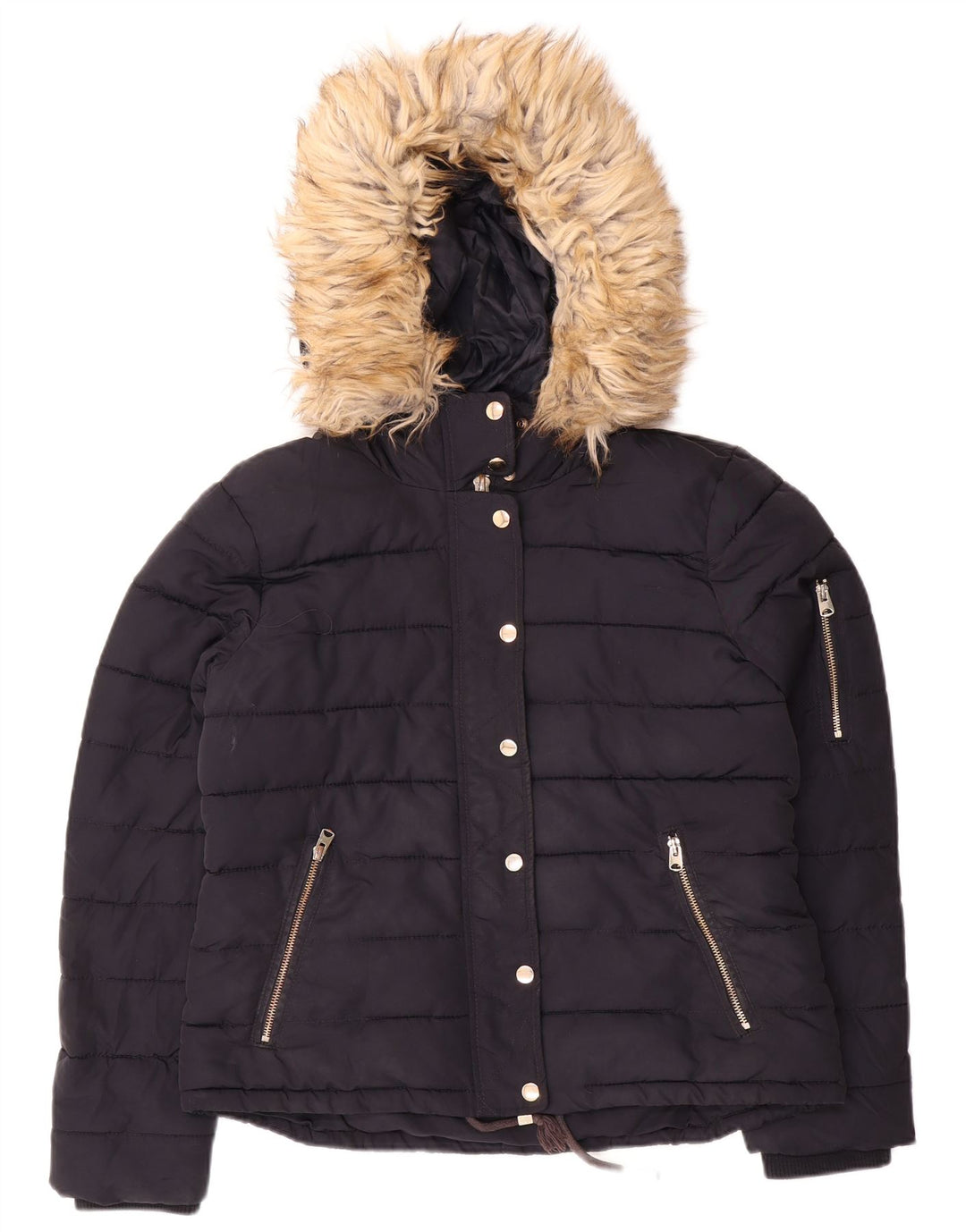 Topshop Dame Hooded Crop Polstret Jakke UK 14 Medium Navy Blue Polyester