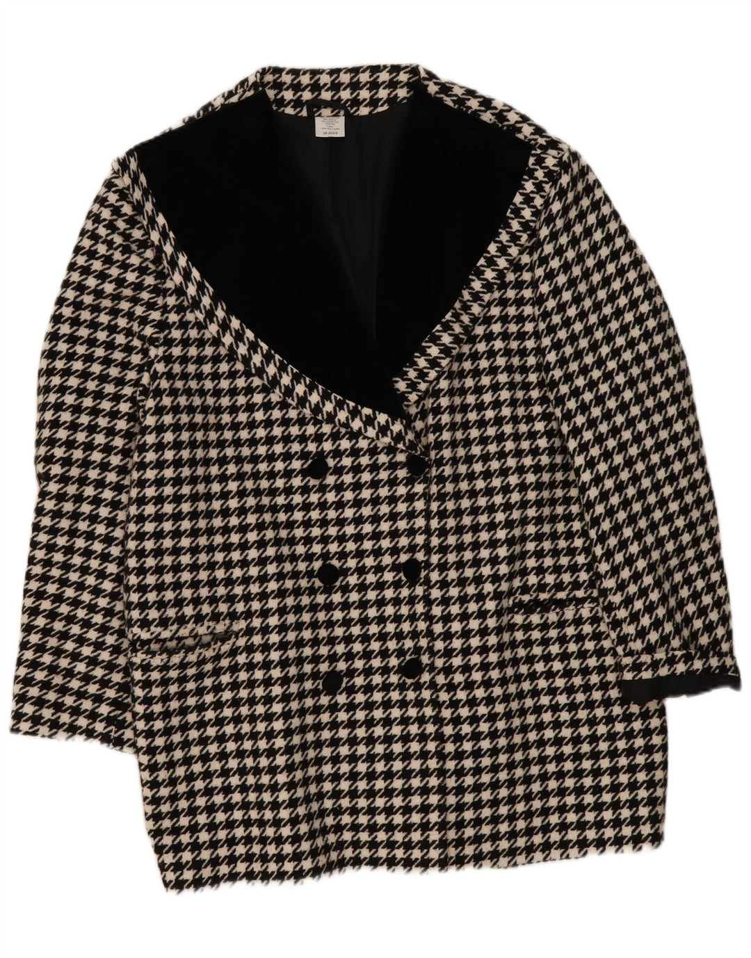 Vintage Dame Dobbeltradet Frakke UK 20 2XL Sort Houndstooth Polyacrylic