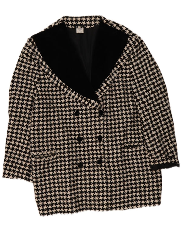 Vintage Dame Dobbeltradet Frakke UK 20 2XL Sort Houndstooth Polyacrylic