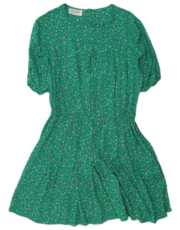 Vintage Dame A-Line Kjole UK 12 Medium Green Spotted