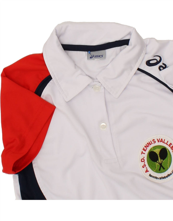 ASICS Womens Graphic Polo Shirt UK 10 Small White Colourblock Polyester Vintage Asics and Second-Hand Asics from Messina Hembry 