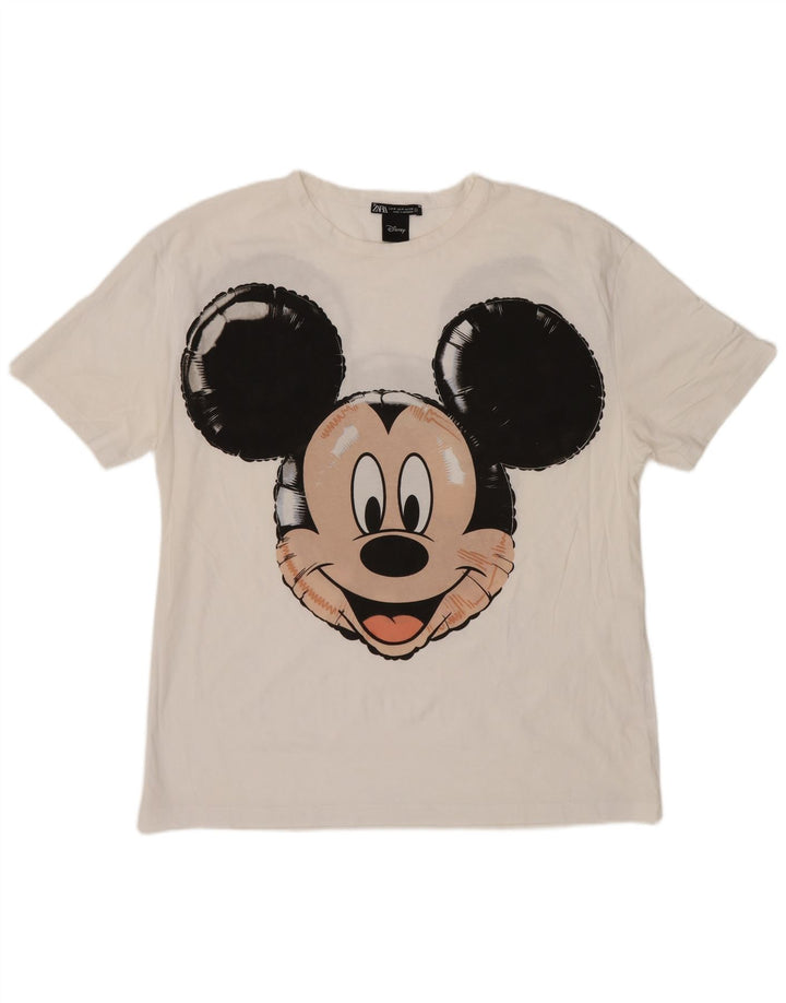 Zara Dame Mickey Mouse Grafisk T-Shirt Top UK 14 Medium Hvid Bomuld