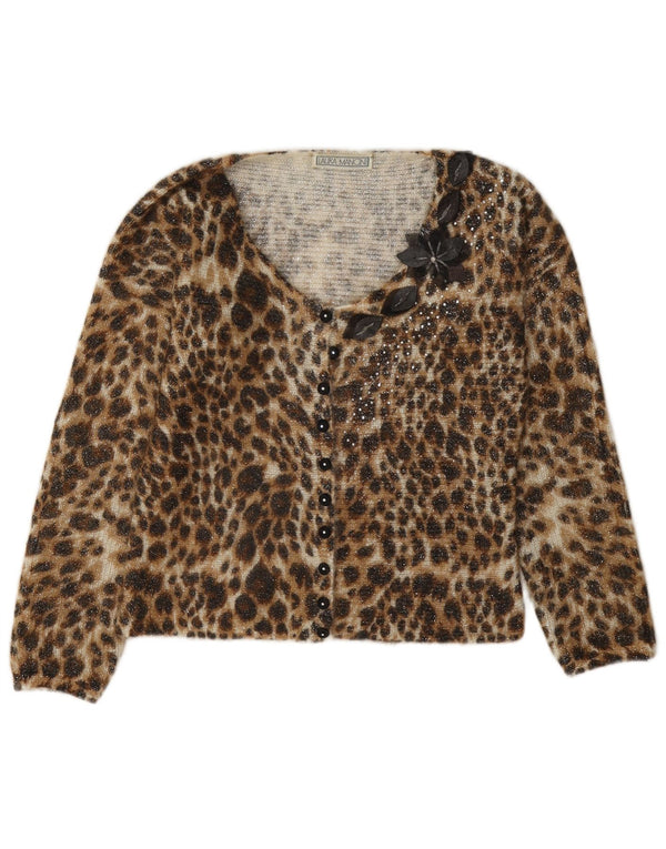 Vintage dame cardigan sweater UK 10 Small Brown Animal Print