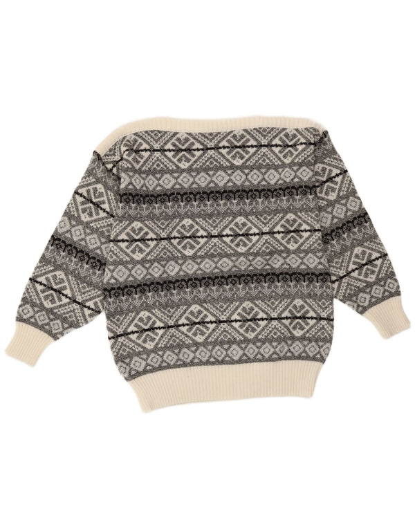 Vintage Dame Boat Neck Jumper Sweater UK 14 Medium Grå Geometrisk