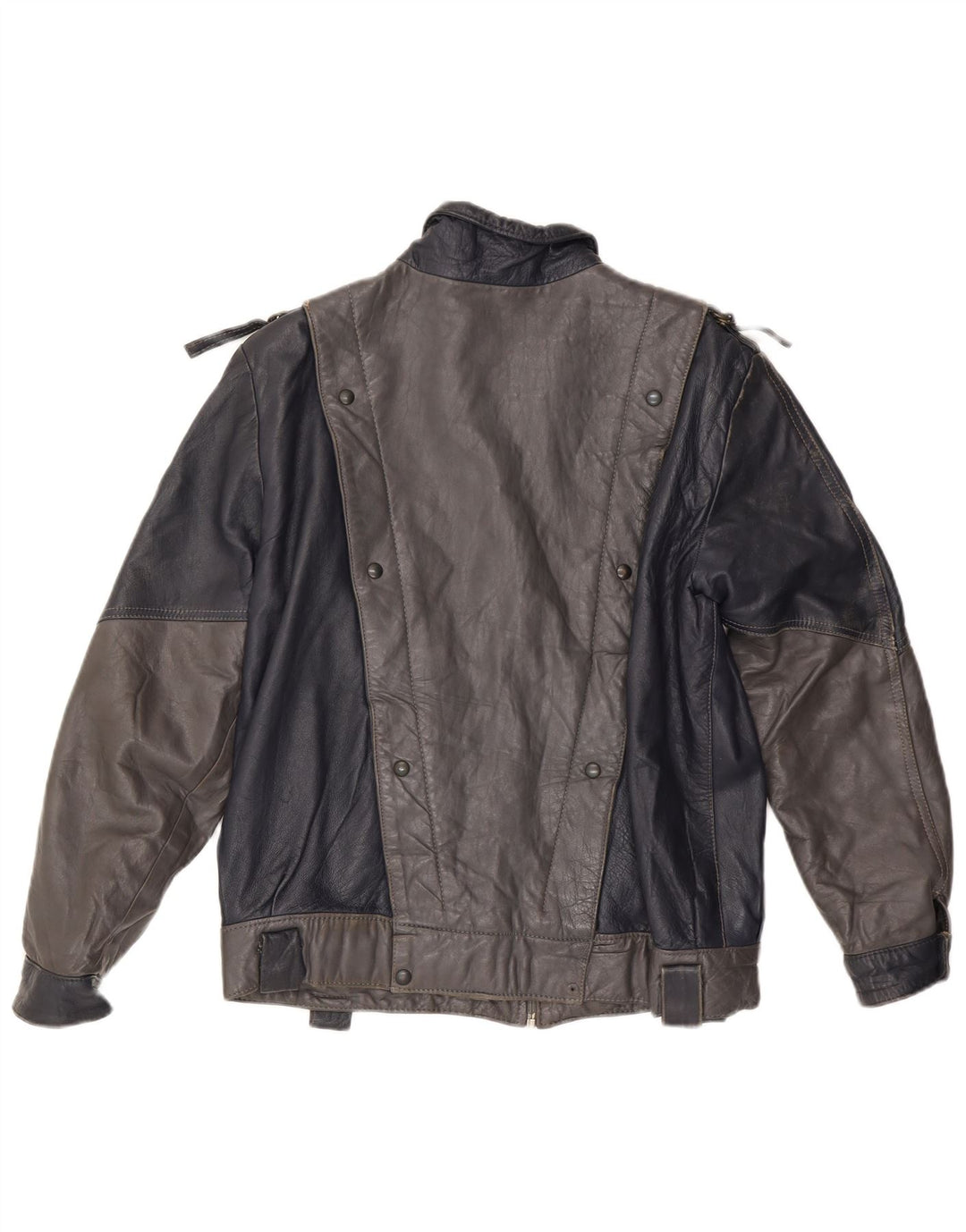 VINTAGE Dame Læderjakke UK 14 Medium Grey Colourblock