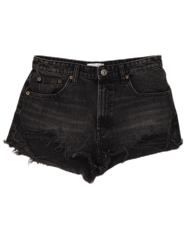 Zara Womens Distressed Denim Shorts EU 38 Small W28 Black Bomuld