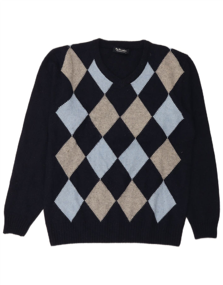 Ny Sensation Herre V-hals Jumper Sweater Large Navy Blue Argyle/Diamond