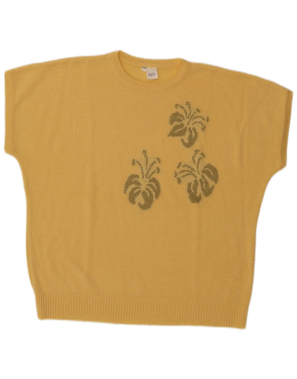 Vintage kvinders kortærmet rund hals sweater EU 44 XL gul blomster