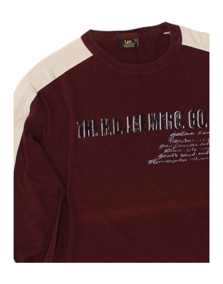 LEE Womens Graphic Top Long Sleeve UK 14 Large Maroon Colourblock Cotton Vintage Lee and Second-Hand Lee from Messina Hembry 