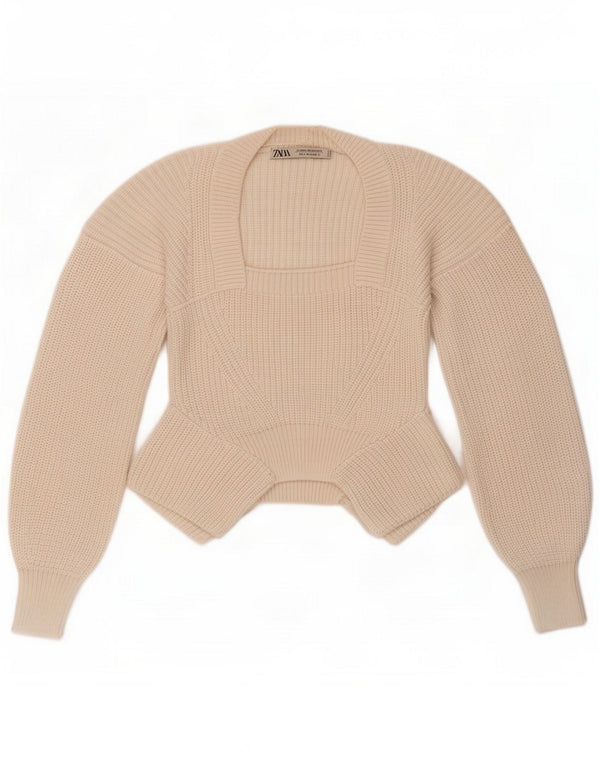 Zara Womens Crop Boat Neck Jumper Sweater UK 10 Small White Cotton