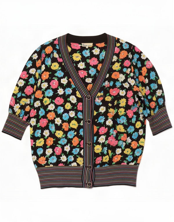 Vintage Dame 1/2-ærmet cardigan Top IT 46 Large Black Floral Silk Retro