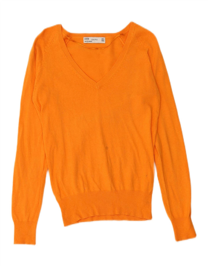 Zara Dame V-hals sweater UK 12 Medium Orange Bomuld