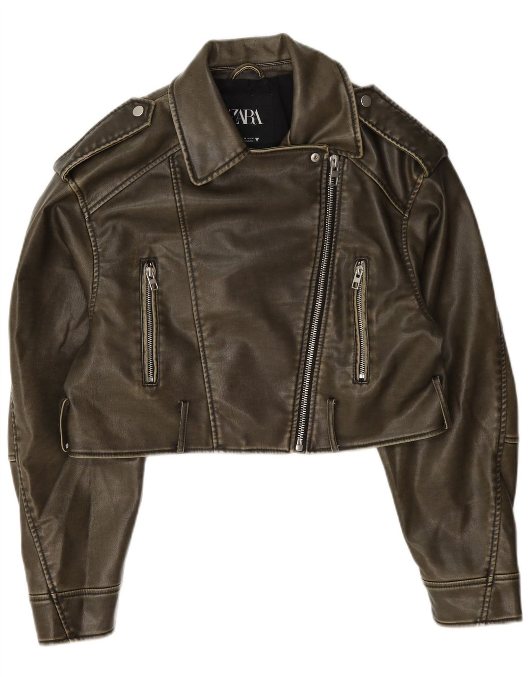 Zara Womens Crop Biker-jakke i imiteret læder UK 14 Medium Khaki Polyester