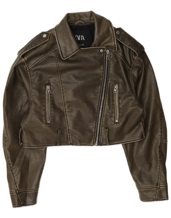 Zara Womens Crop Biker-jakke i imiteret læder UK 14 Medium Khaki Polyester