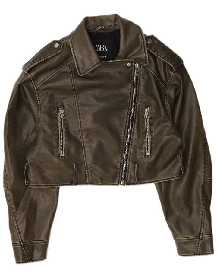 Zara Womens Crop Biker-jakke i imiteret læder UK 14 Medium Khaki Polyester