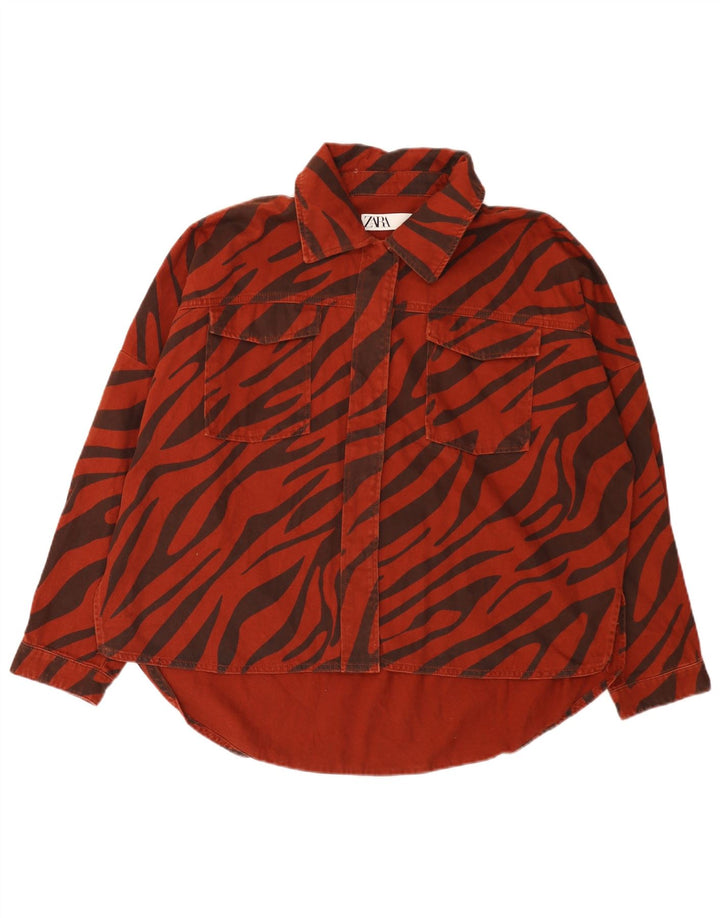 Zara Dame Oversized Denim Shirt UK 14 Medium Red Animal Print