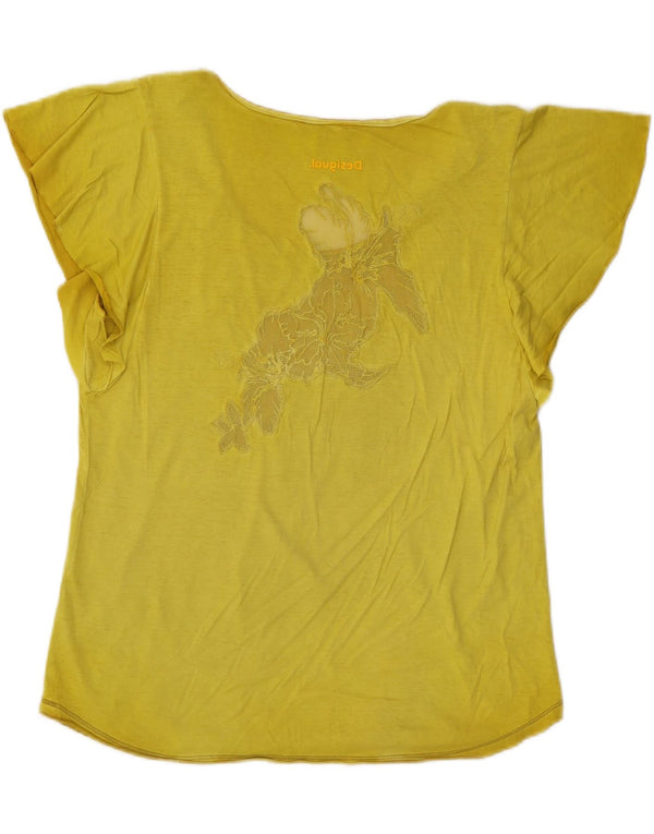Desigual Dame Grafisk T-Shirt Top UK 16 Large Yellow Floral
