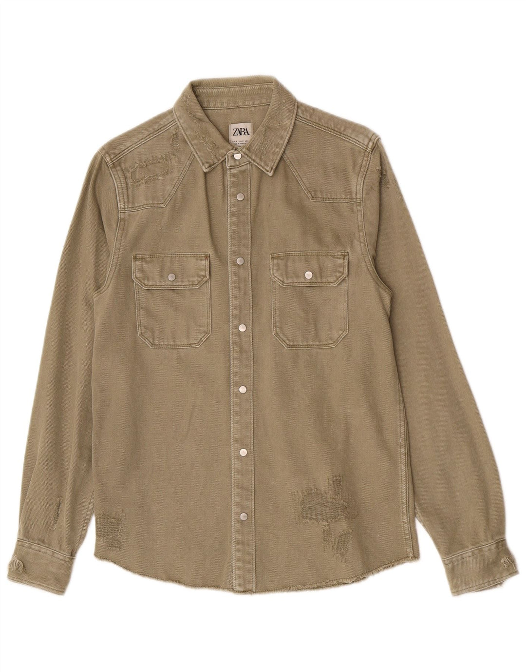 Zara Herre Distressed Relaxed Fit Denim Shirt Small Khaki Cotton