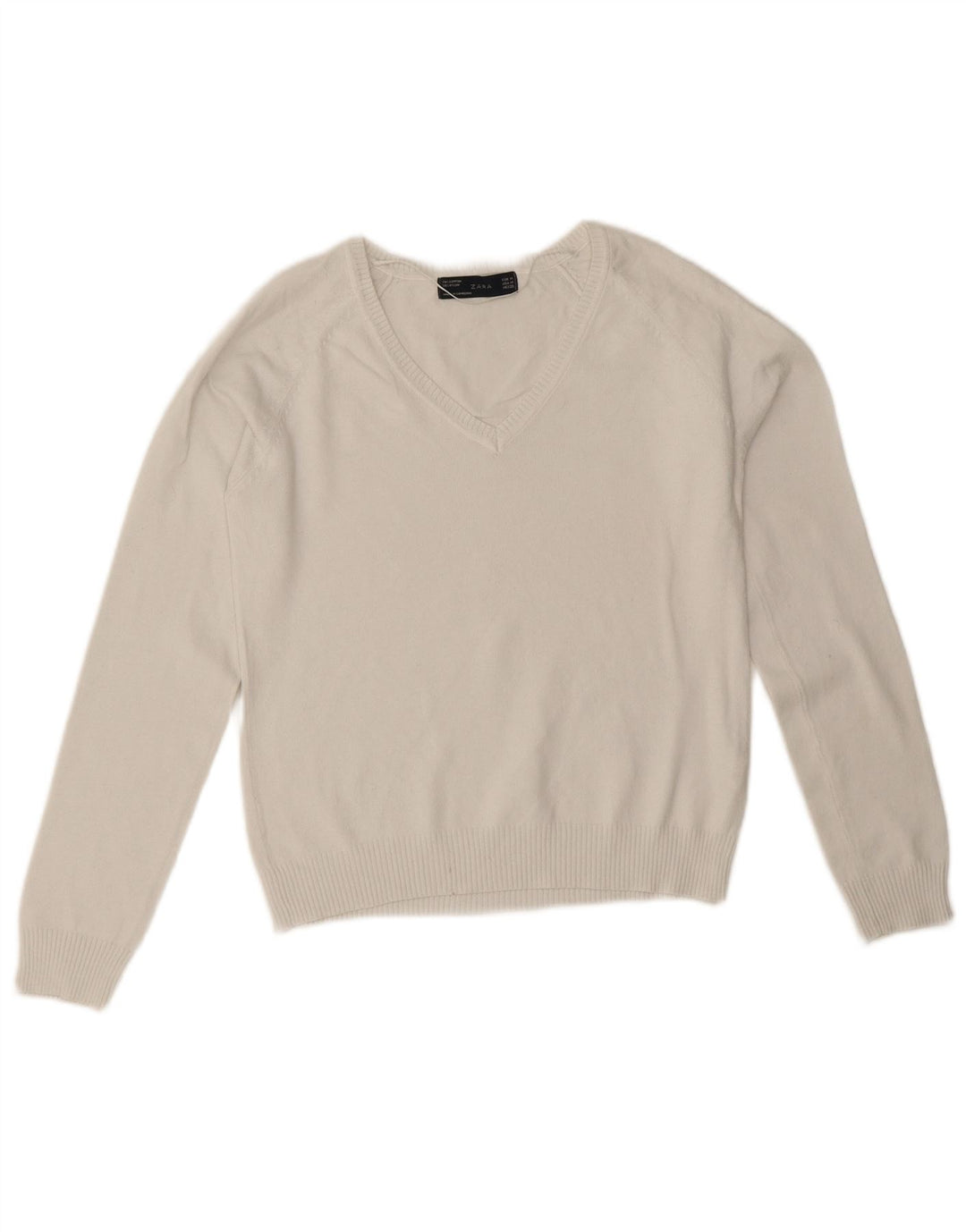 Zara Dame V-hals sweater UK 12 Medium Hvid Bomuld