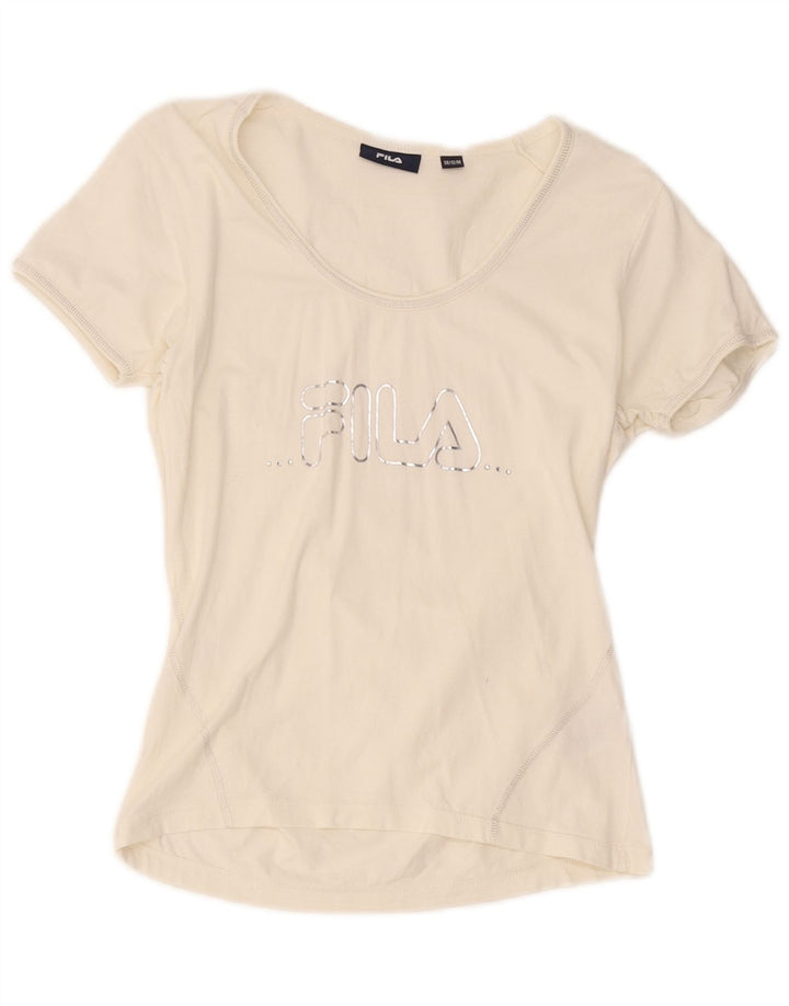 Fila Dame Grafisk T-Shirt Top UK 12 Medium Hvid Bomuld