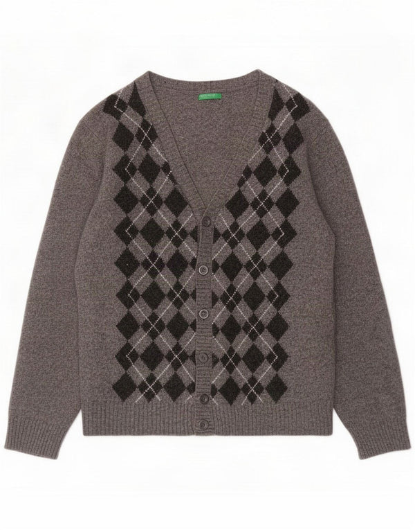 Benetton Herre Cardigan Sweater Medium Grey Argyle/Diamond Wool