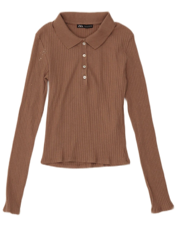 Zara Womens Crop Langærmet Polo Shirt UK 8 Small Brown Bomuld