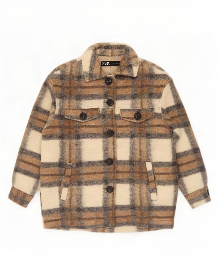 Zara Kvinder Oversized Utility Jacket UK 14 Medium Beige Plaid Polyester