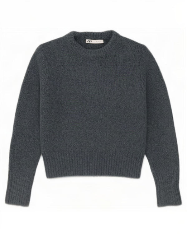 Zara Womens Crop Crew Neck Jumper Sweater UK 10 Small Blue Acryl