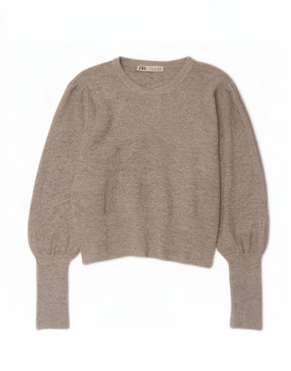 Zara Womens Crop Boat Neck Jumper Sweater UK 16 Large Grey Flecked Acryl
