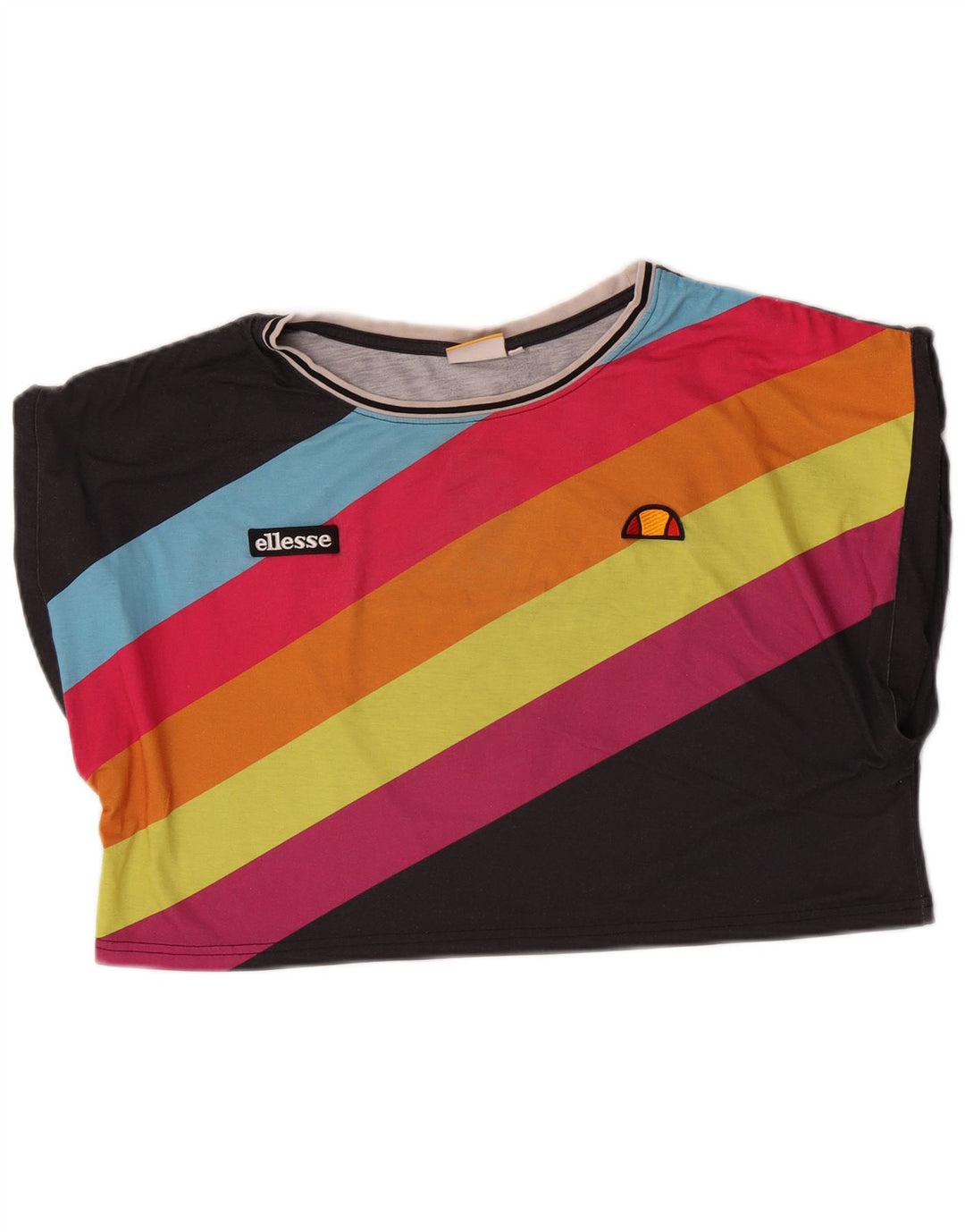 Ellesse Dame Crop Grafisk T-Shirt Top UK 14 Medium Sort Stribet