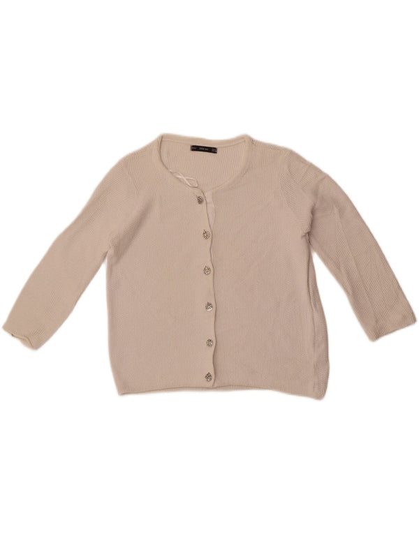 Zara Dame 3/4 ærmet Crop cardigan sweater UK 14 Medium White Bomuld