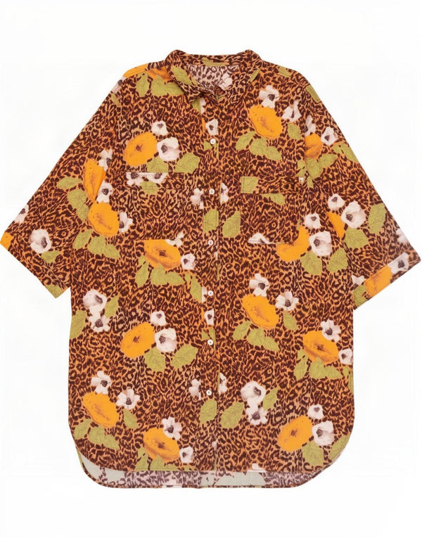 Vintage Dame Relaxed Fit 3/4-ærmet skjortekjole UK 20 2XL Brun Blomster