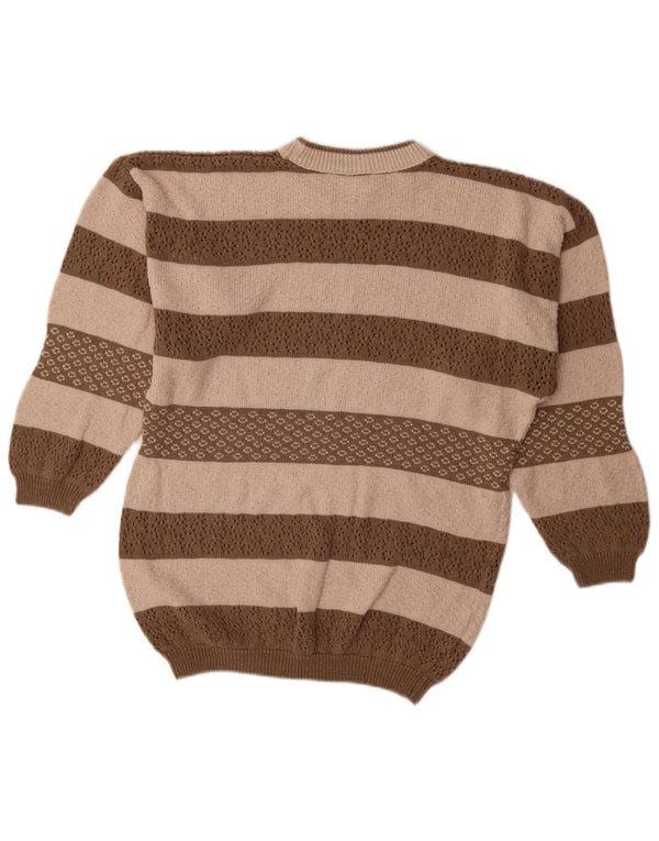 Vintage Dame Oversized Crew Neck Jumper Sweater UK 10 Lille Brun Stribet