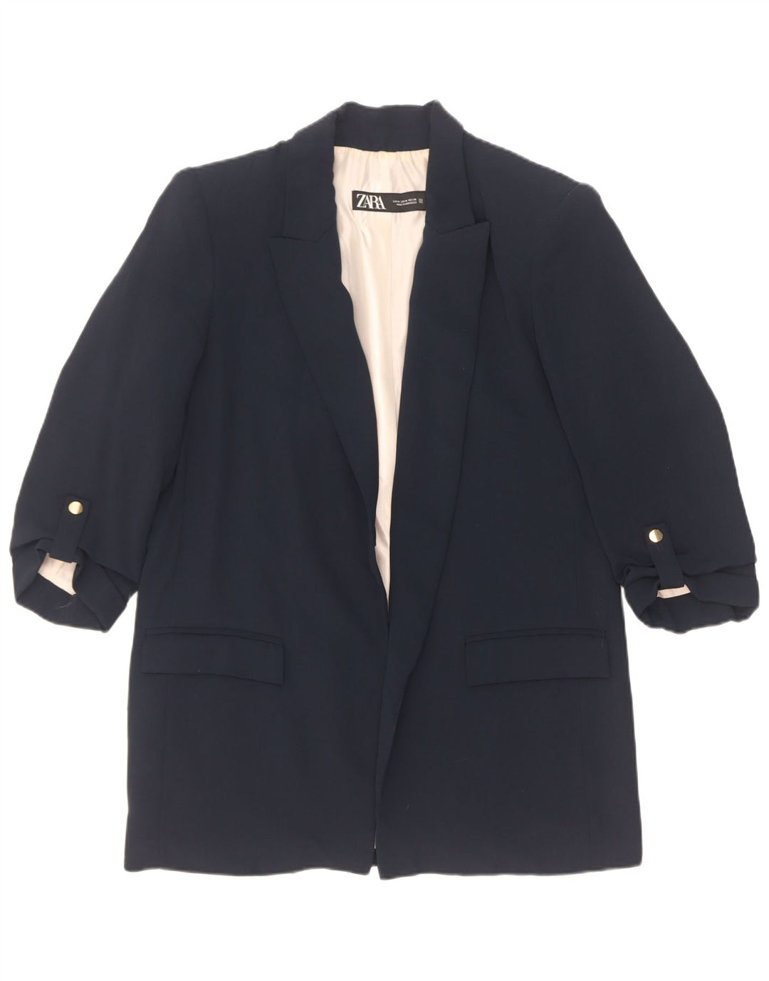 Zara Dame 3/4 ærmet åben blazerjakke UK 14 Medium Navy Blue Polyester